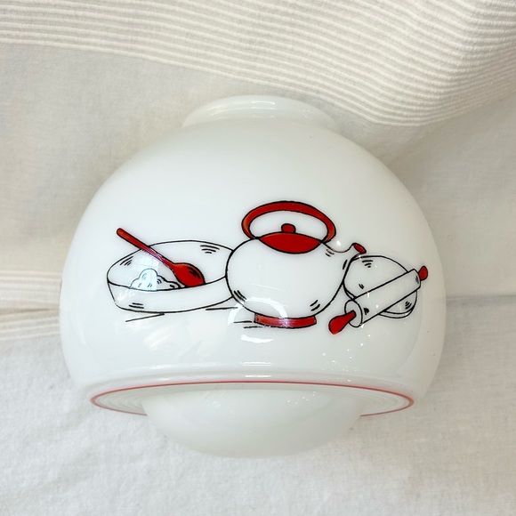 Vintage Milk Glass Shade Ceiling Light Deco Hand Painted Tea Kettle Kitchen - Picture 9 of 12